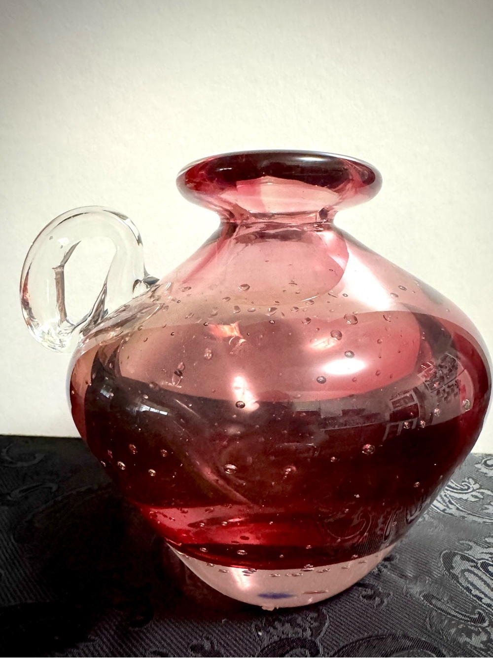 Art Glass Handblown Ruby Pink Bubble Vase with Clear Handle